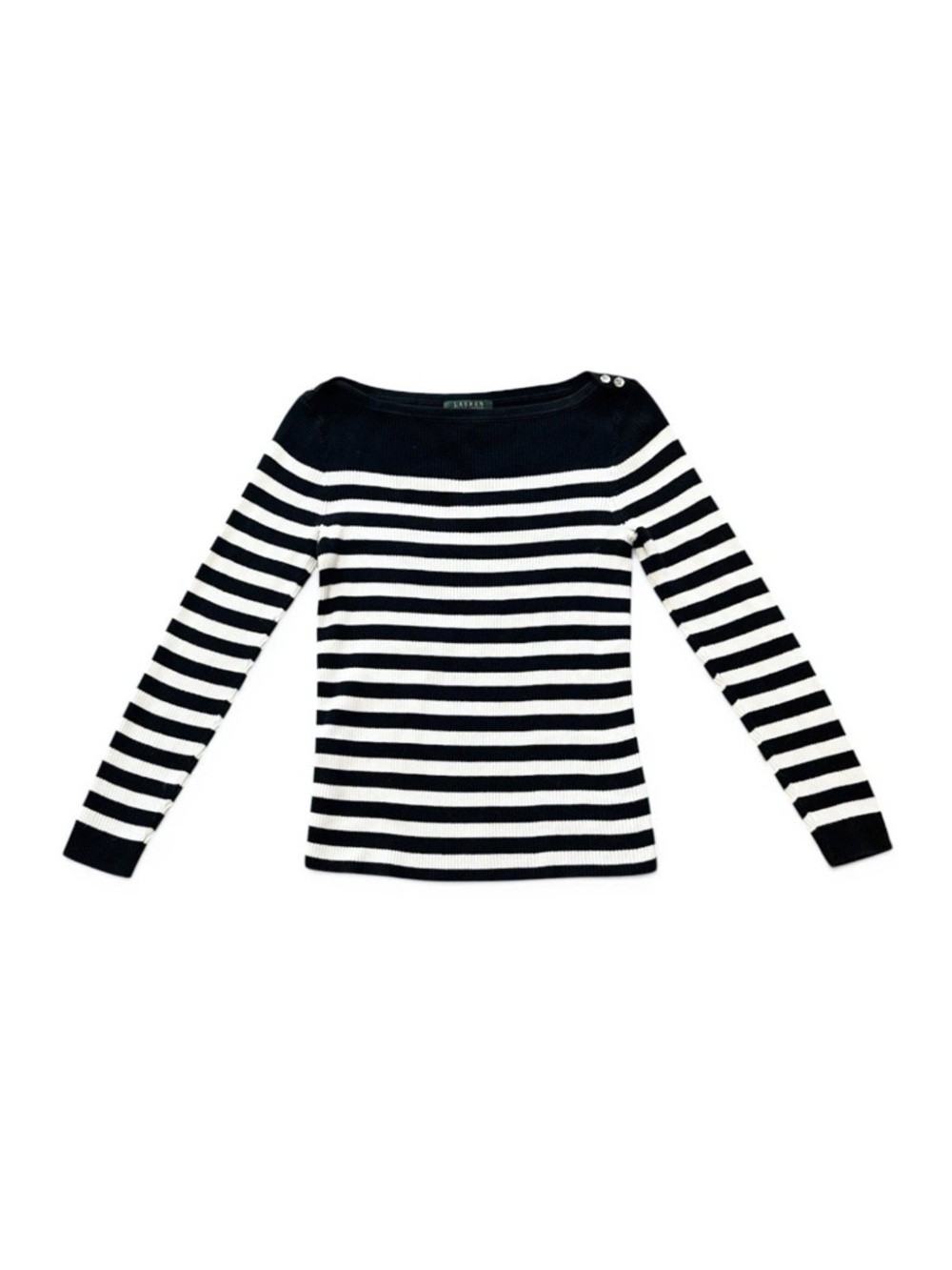Vintage Lauren Ralph Lauren Black & White Striped 100% Cotton Boat Neck Top SM